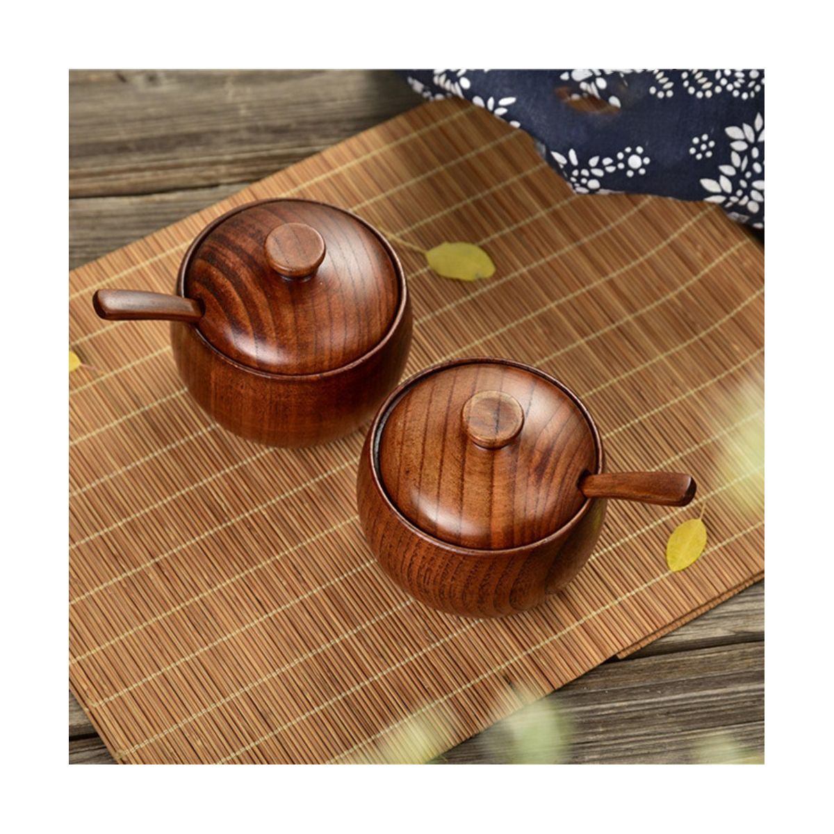 2 Pcs Wood Spice Jar with Wooden Lid and Spoon Nordic Concise Tool