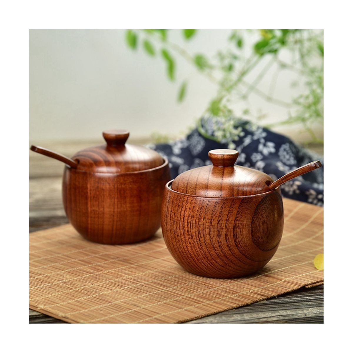 2 Pcs Wood Spice Jar with Wooden Lid and Spoon Nordic Concise Tool