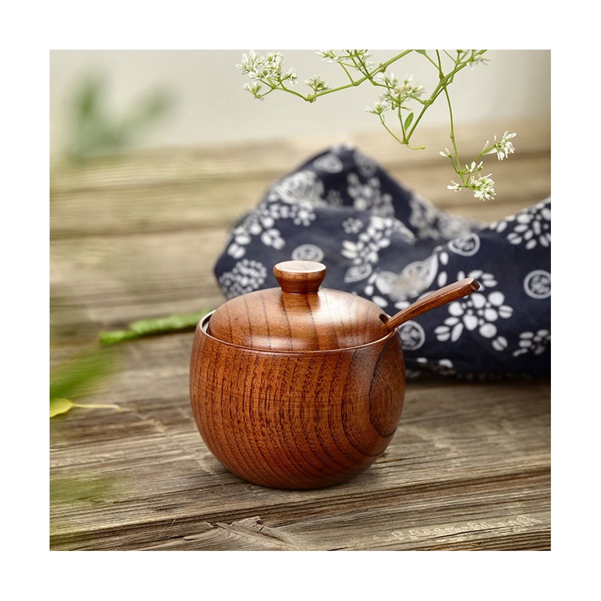 2 Pcs Wood Spice Jar with Wooden Lid and Spoon Nordic Concise Tool