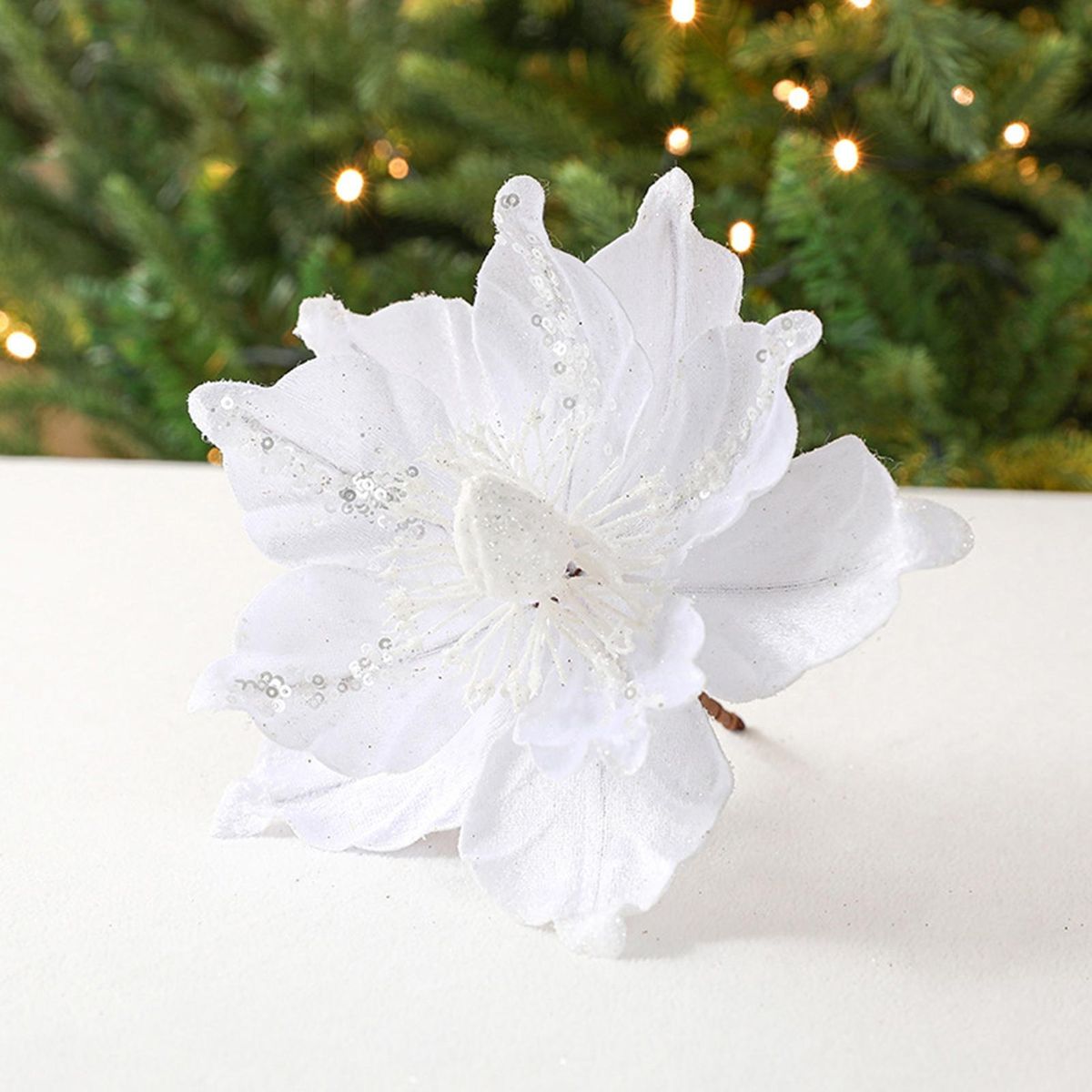 Artificial Flower Ornament Sparkling Glitter Flower Christmas Tree White