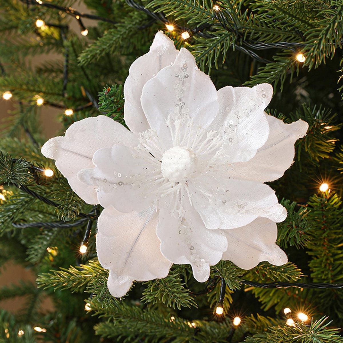 Artificial Flower Ornament Sparkling Glitter Flower Christmas Tree White