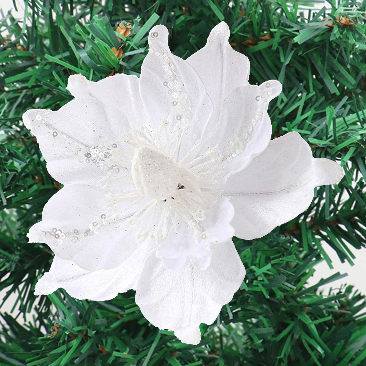 Artificial Flower Ornament Sparkling Glitter Flower Christmas Tree White