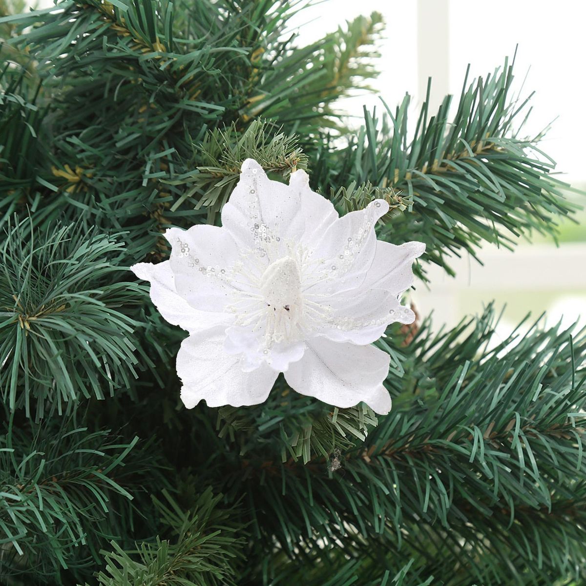 Artificial Flower Ornament Sparkling Glitter Flower Christmas Tree White
