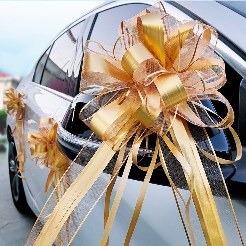 10pcs Golden Pull Bow Tulle Ribbon Bows Wedding Party Cars Birthday Christmas Presents Gift Decoration Gold Wedding Bowknot Gold