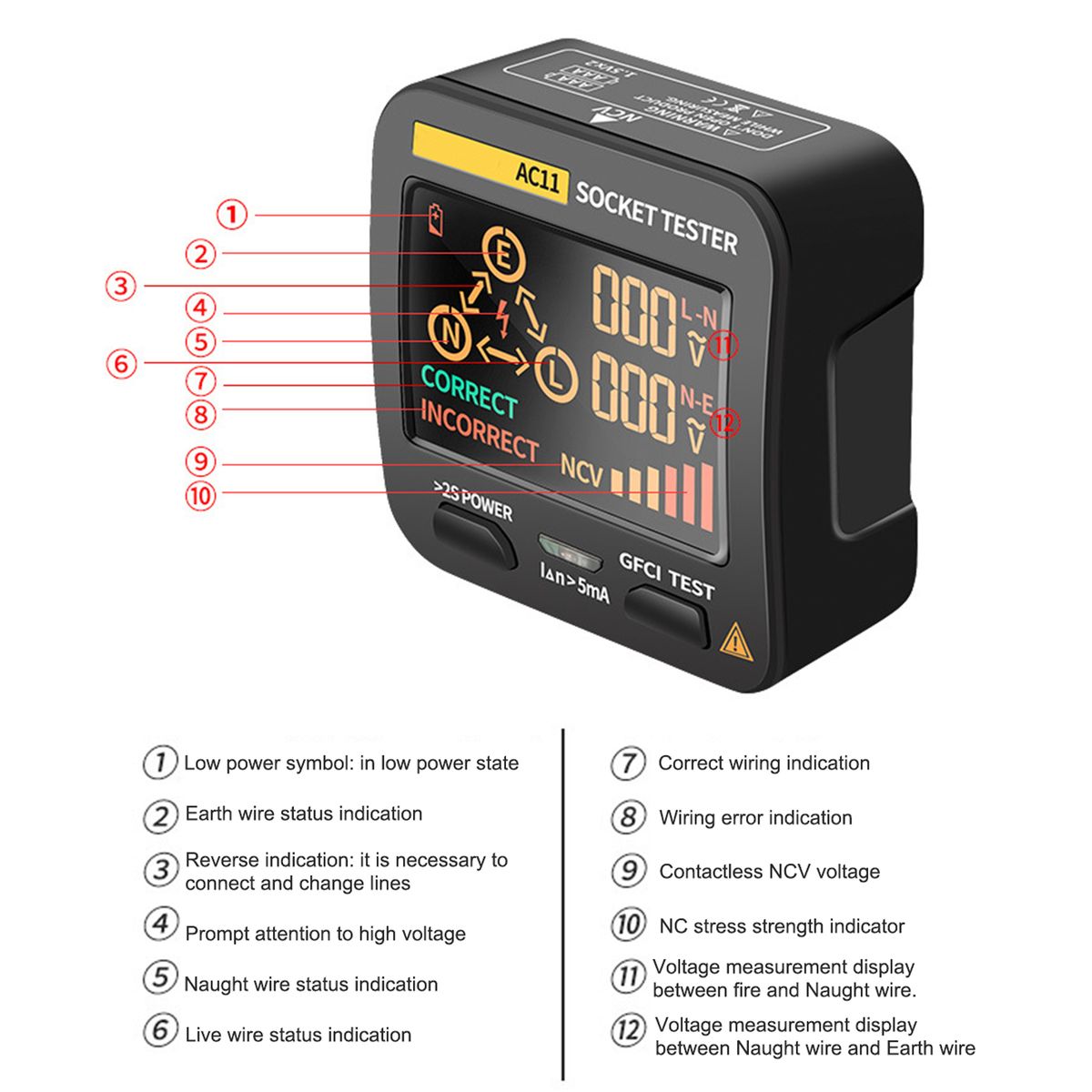 Outlet Tester Socket Standard 0.1-250V Outlets 8 Visual
