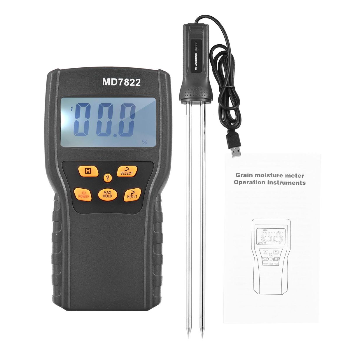 Grain Moisture Meter LCD Digital Wheat Paddy Rice & Corn Meter Grain Moisture Meter Water Content Analyzer -10~60°C Temperature Tester Humidity Tester Measuring 2%~30% Water Content Analyzer with 12-inch Super Long Probe for