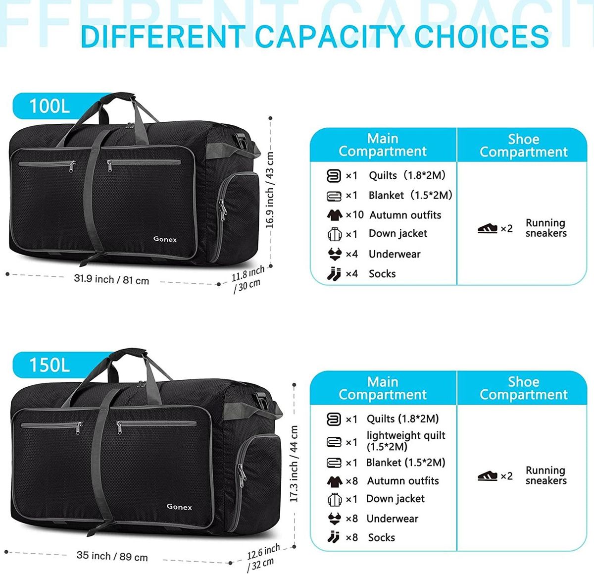Gonex 100L 150L Large Foldable Travel Duffle Bag With Shoes