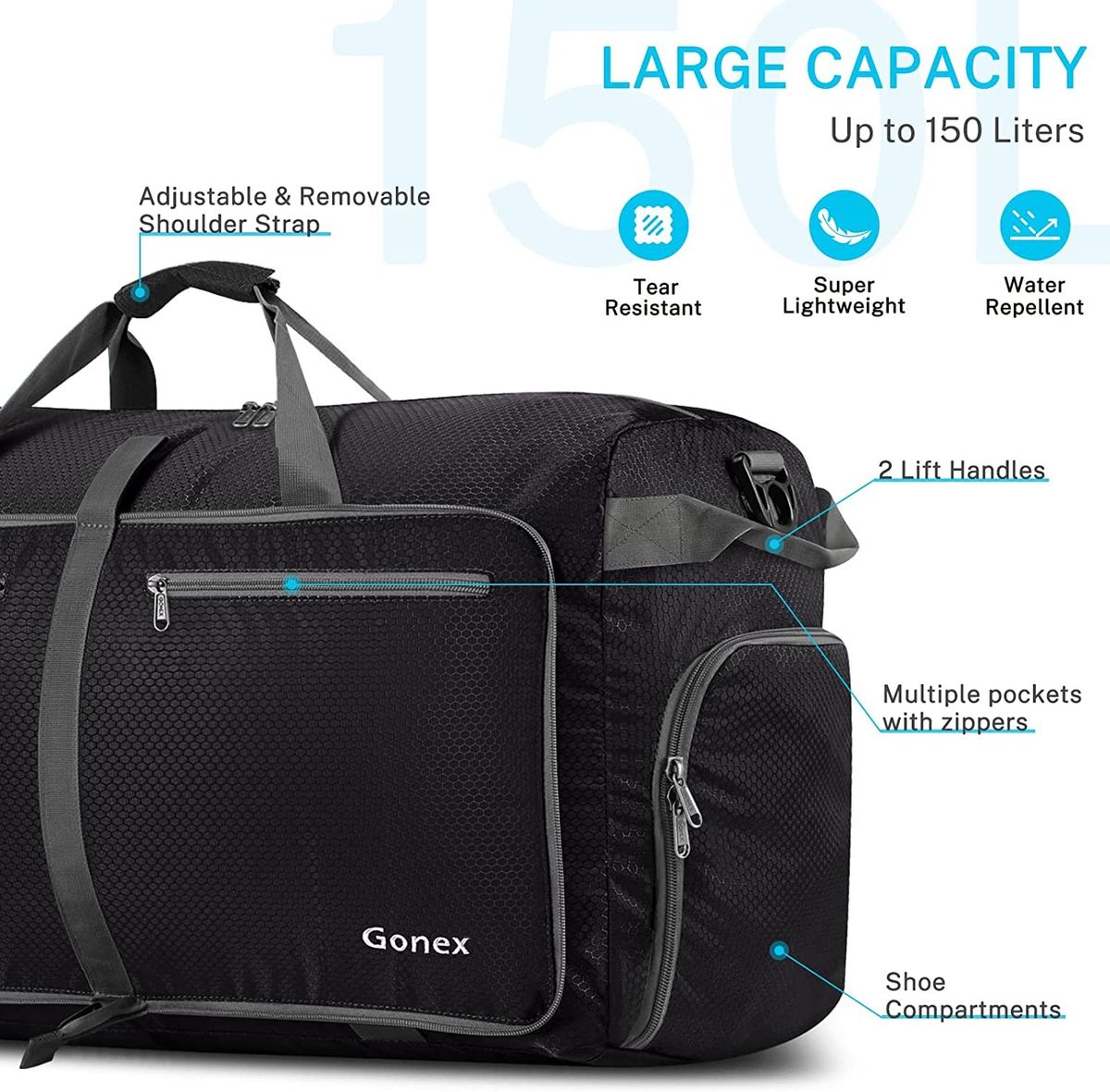 Gonex 100L 150L Large Foldable Travel Duffle Bag With Shoes