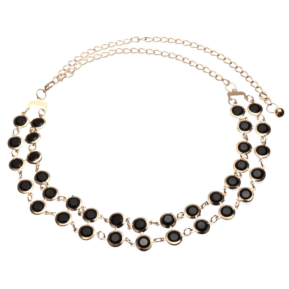 Ladies Gold Chain Waist Metal Belt Rhinestone Black Beads Stretch Metal Hip