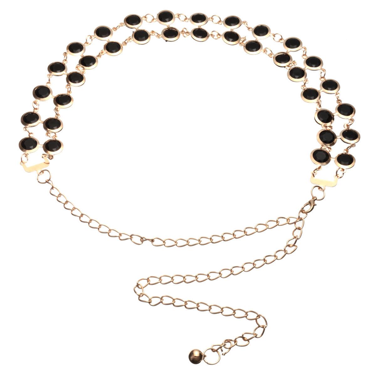 Ladies Gold Chain Waist Metal Belt Rhinestone Black Beads Stretch Metal Hip