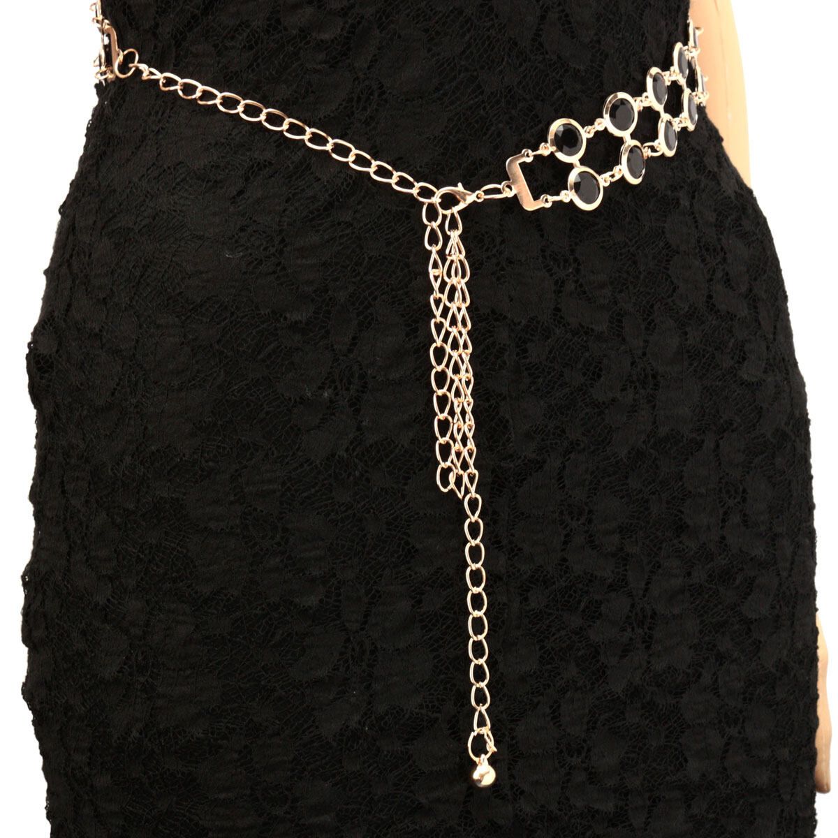 Ladies Gold Chain Waist Metal Belt Rhinestone Black Beads Stretch Metal Hip