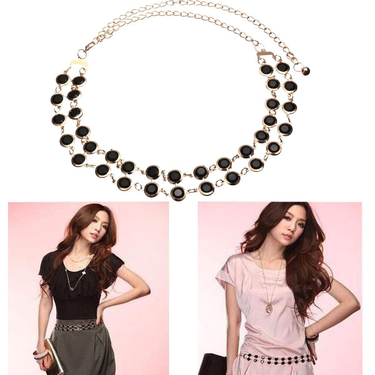 Ladies Gold Chain Waist Metal Belt Rhinestone Black Beads Stretch Metal Hip