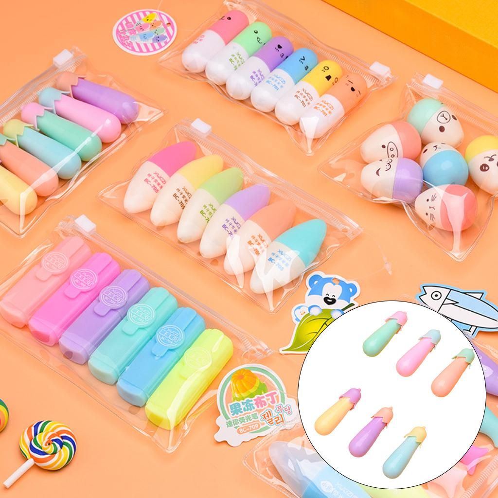 6 Pcs Cartoon Mini Highlighters Pens Set Marker Graffi Color Pens E