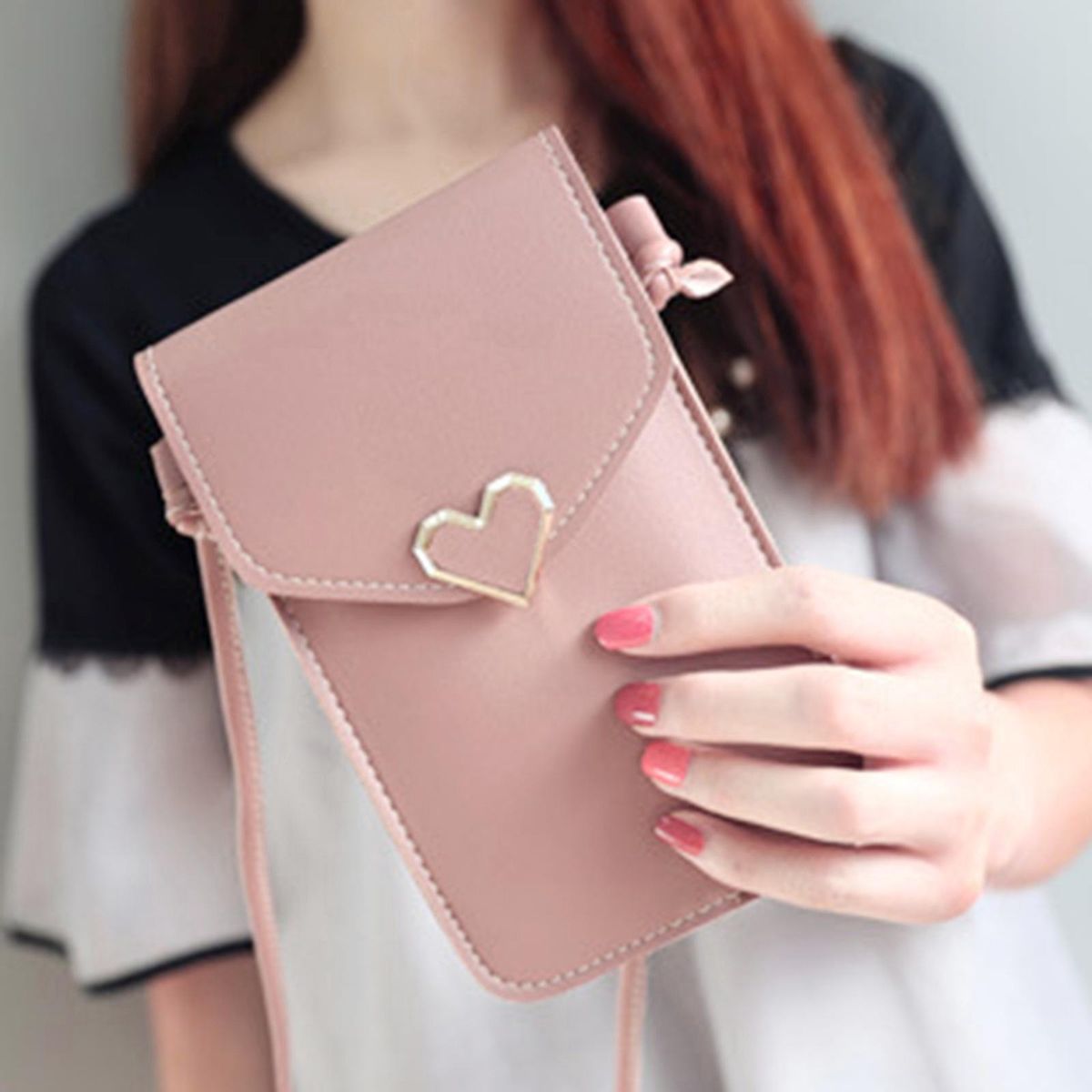 Small Crossbody Shoulder Bag Wallet PU Leather For Smartphone Pink