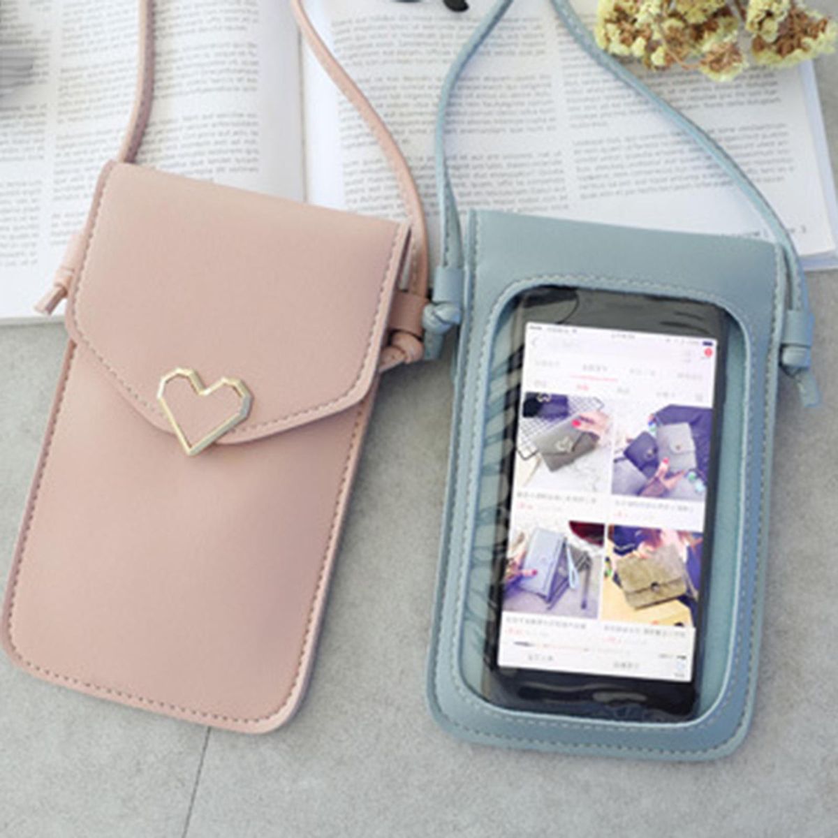 Small Crossbody Shoulder Bag Wallet PU Leather For Smartphone Pink