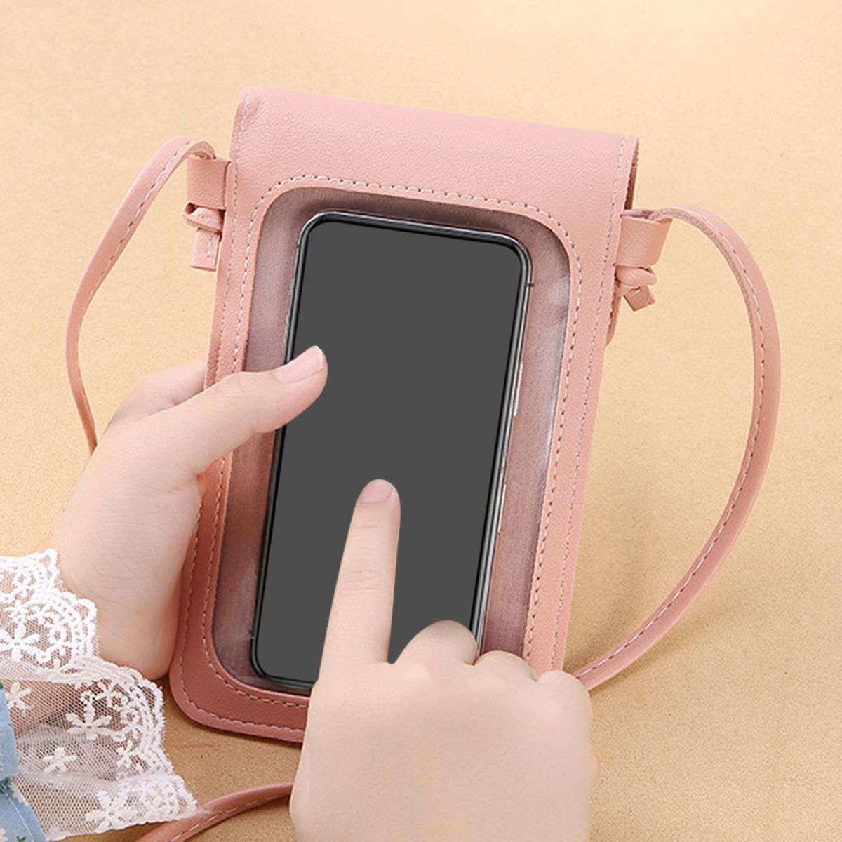 Small Crossbody Shoulder Bag Wallet PU Leather For Smartphone Pink