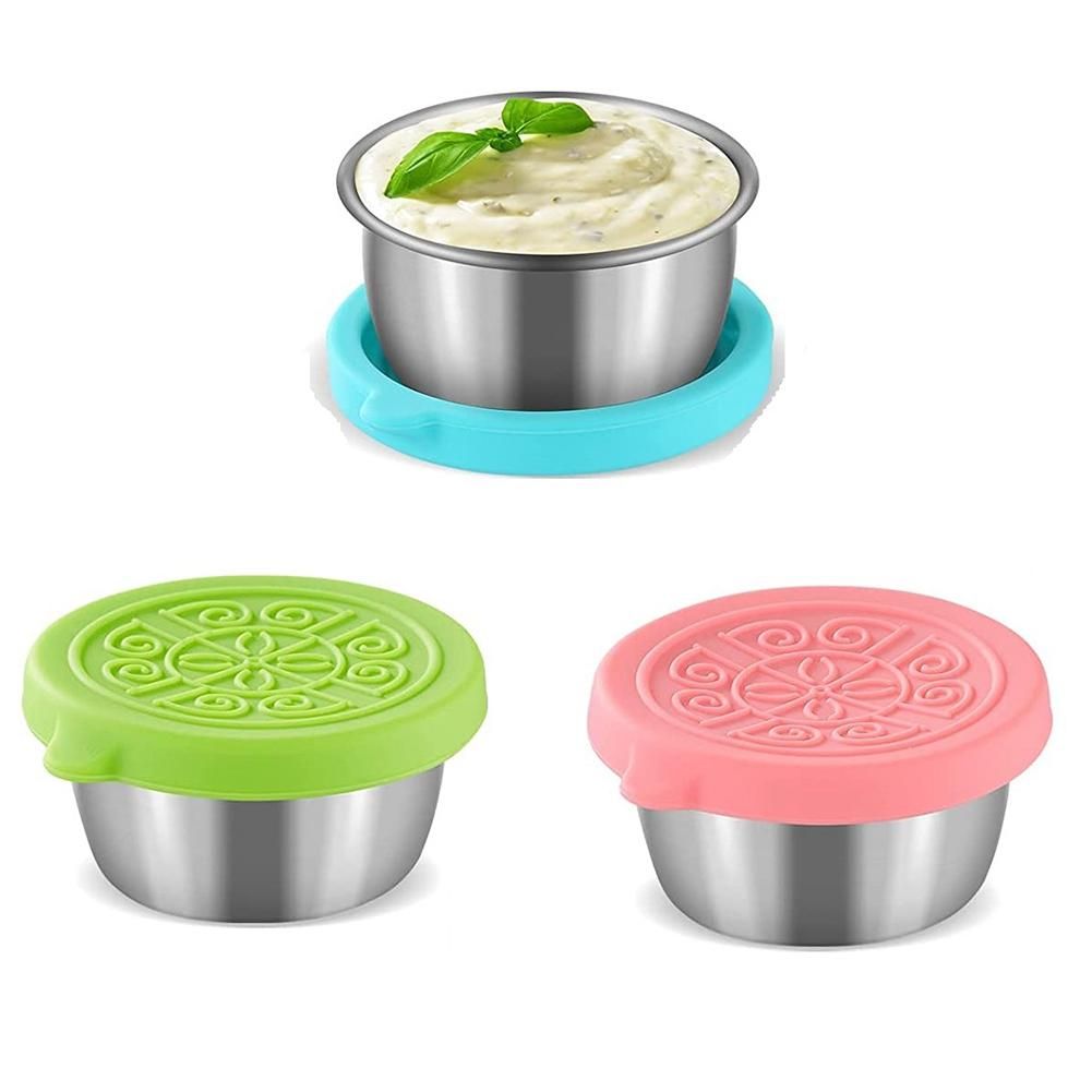 3Pcs Salad Container 50 Ml Small Stainless Steel Spice Container with Silicone Lid Leak-Proof Dip Container