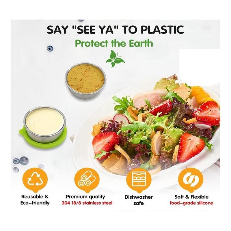3Pcs Salad Container 50 Ml Small Stainless Steel Spice Container with Silicone Lid Leak-Proof Dip Container
