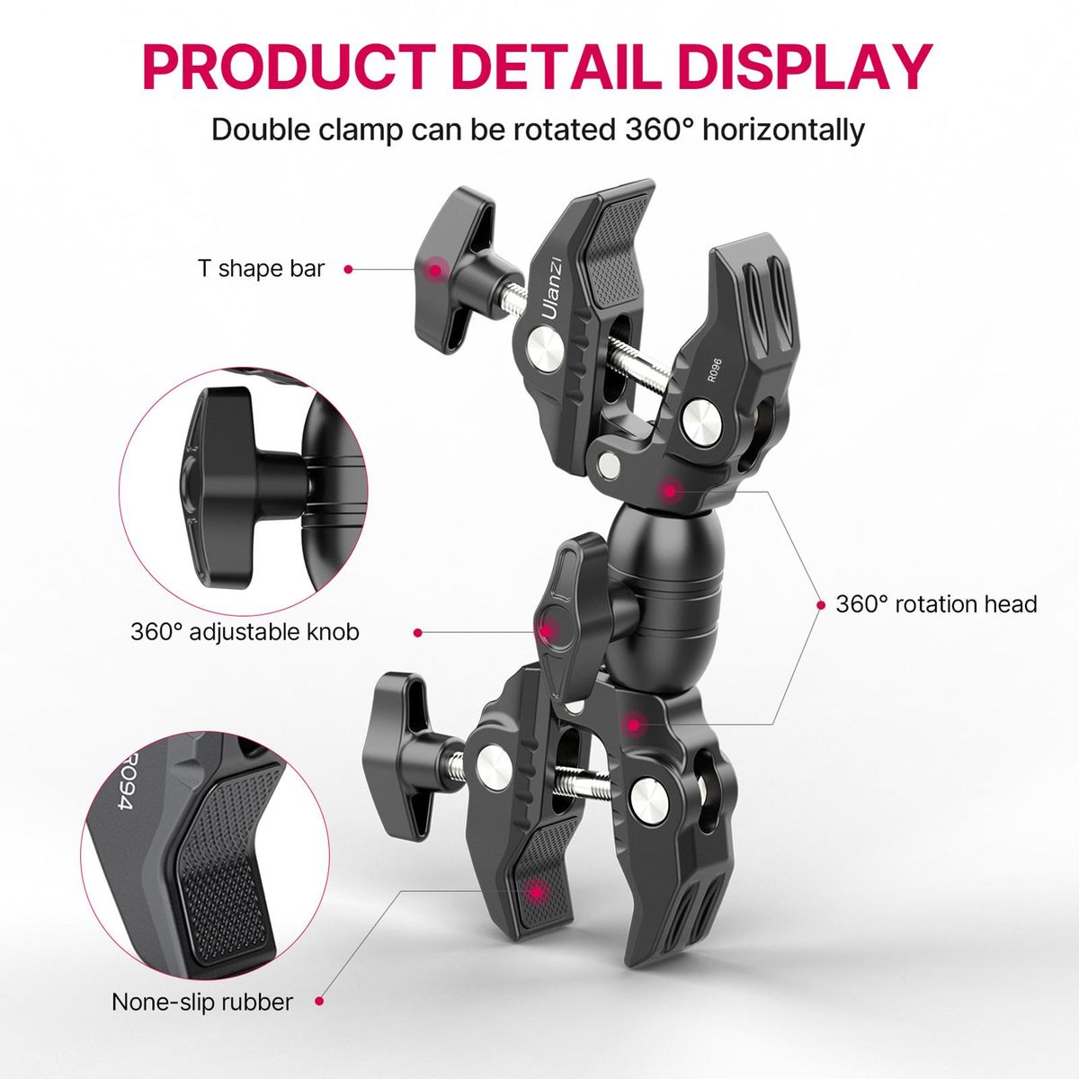 Ulanzi R096 Multi-function Super Clamp Aluminum Alloy Double Clamps Design 360° Rotation 1.5kg Load Capacity Powerful Photography Accessories