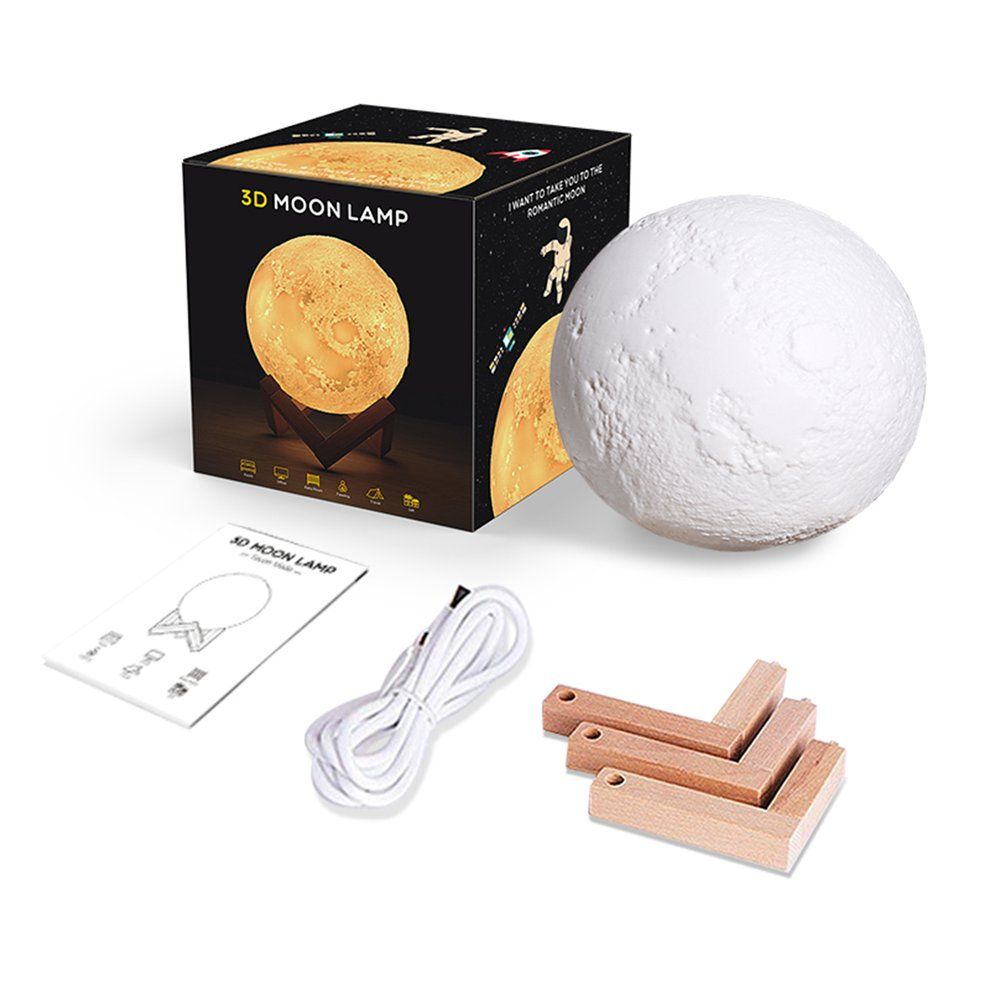Rechargeable 3D Print Moon   15CM Touch Switch Bedroom Bookcase Night Light-3 Colors-Touch Pat