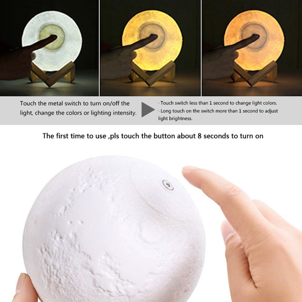 Rechargeable 3D Print Moon   15CM Touch Switch Bedroom Bookcase Night Light-3 Colors-Touch Pat