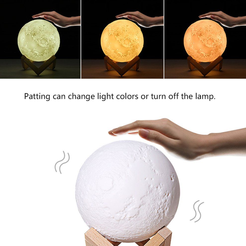 Rechargeable 3D Print Moon   15CM Touch Switch Bedroom Bookcase Night Light-3 Colors-Touch Pat