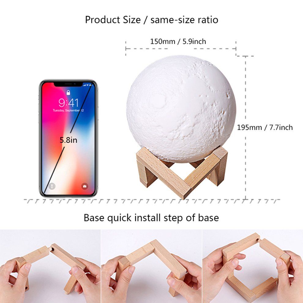 Rechargeable 3D Print Moon   15CM Touch Switch Bedroom Bookcase Night Light-3 Colors-Touch Pat
