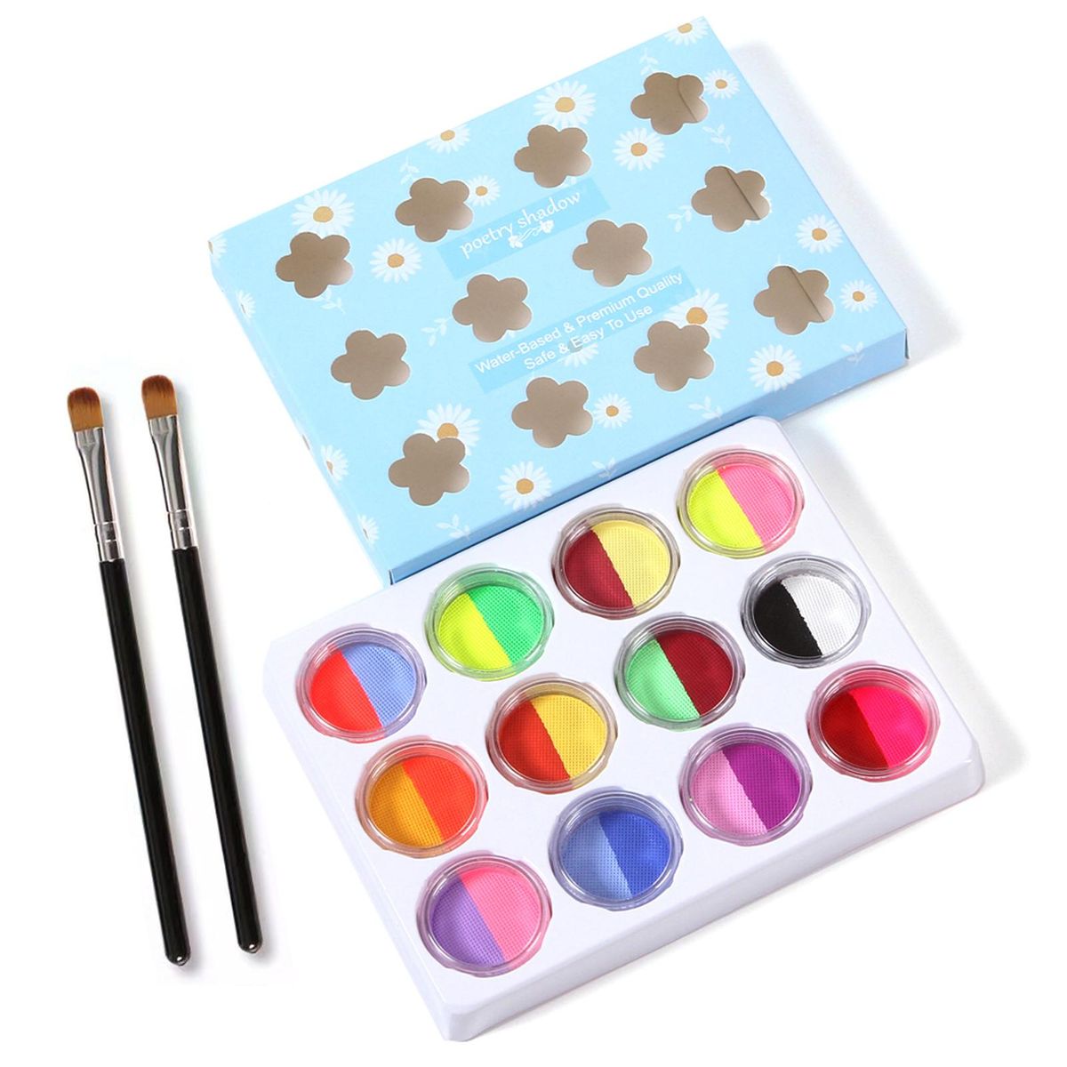 24-Color Washable Body Paint Set with 2 Paintbrushes Facepaints Non-Toxic Water Activated Face Painting Makeup for Parties Natural Colors Glow in the Dark Portable to Carry for Halloween Cosplay Costume Party Festival Artists
