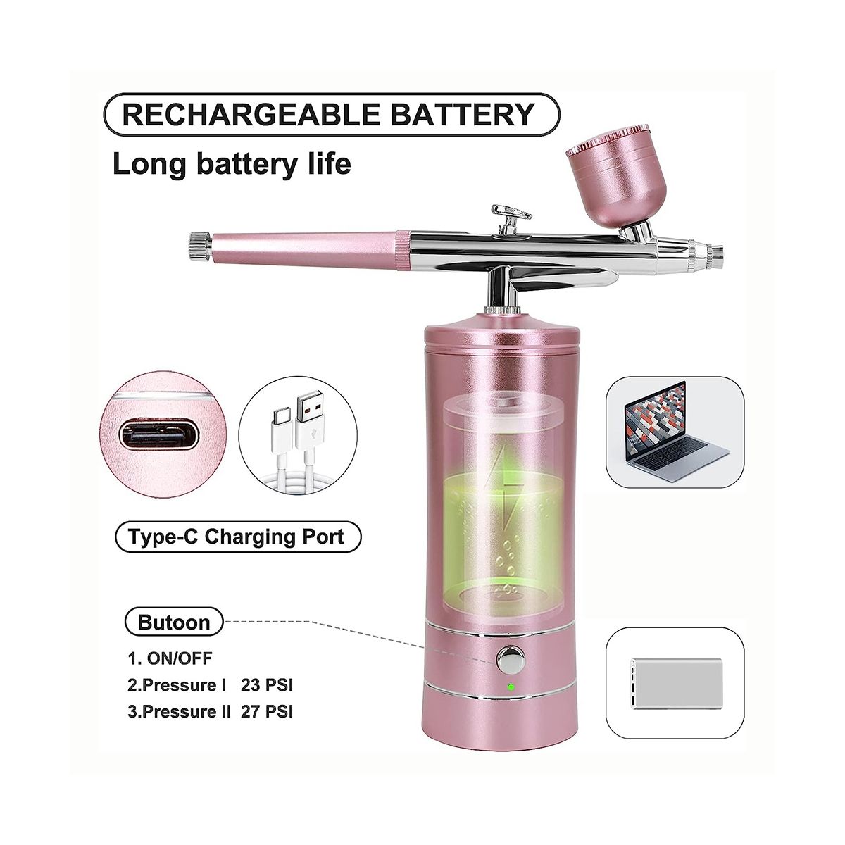 Rechargeable Cordless Airbrush Compressor with 0.4mm Nozzle for Barber, Nail Art, Makeup, Model Painting
