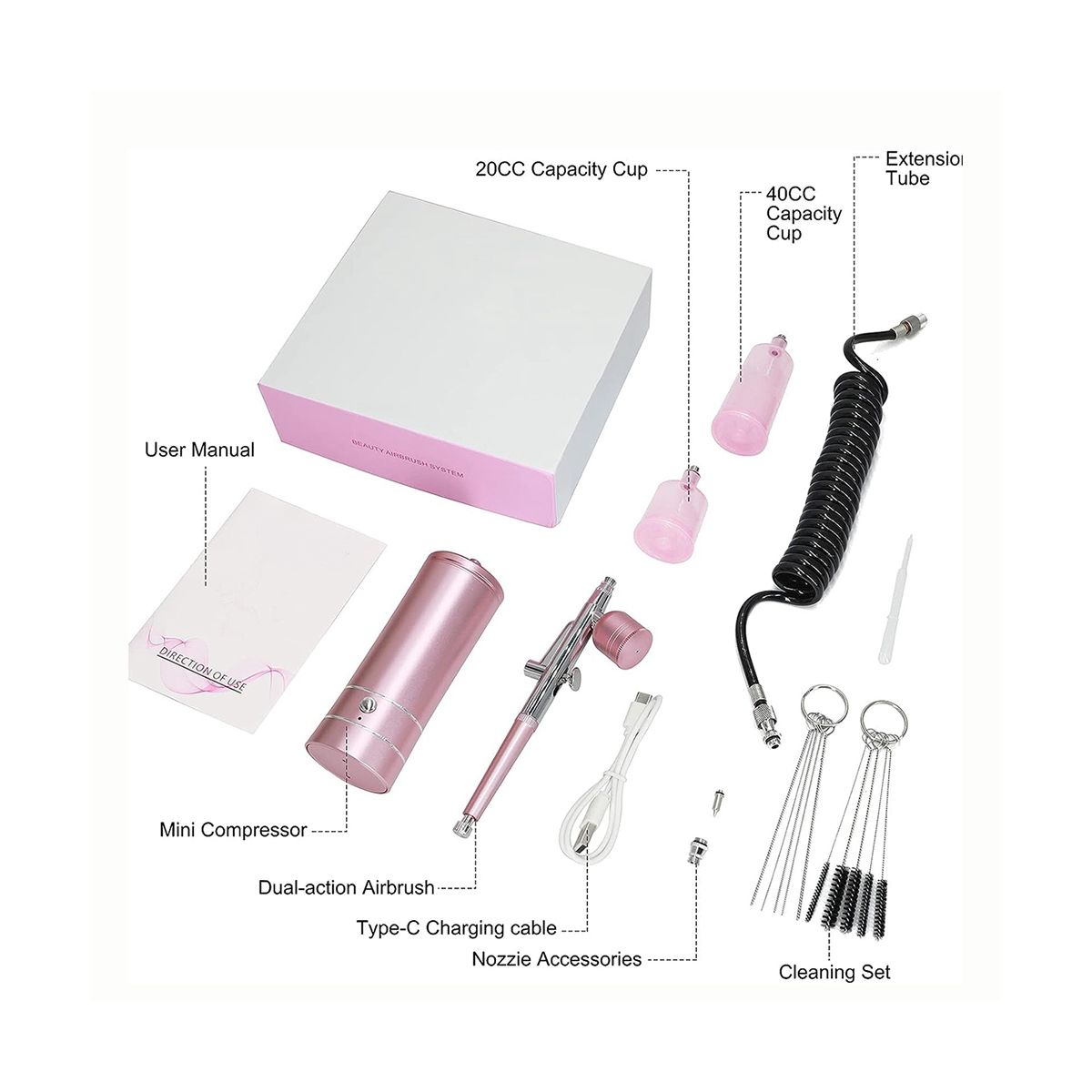 Rechargeable Cordless Airbrush Compressor with 0.4mm Nozzle for Barber, Nail Art, Makeup, Model Painting