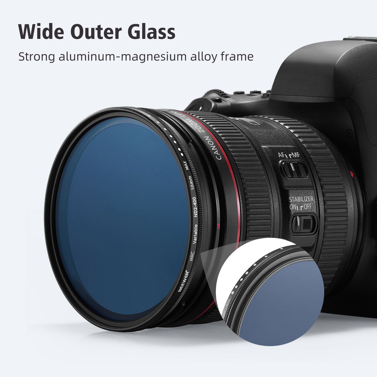 58mm MRC ND Filter, Variable Neutral Density Adjustable ND Filter ND2 To ND400, Multi-Layer Coated Optical Glass, Water-Repellent & Scratch-Resistant Ultra-Slim Filter For 58mm Camera Lens