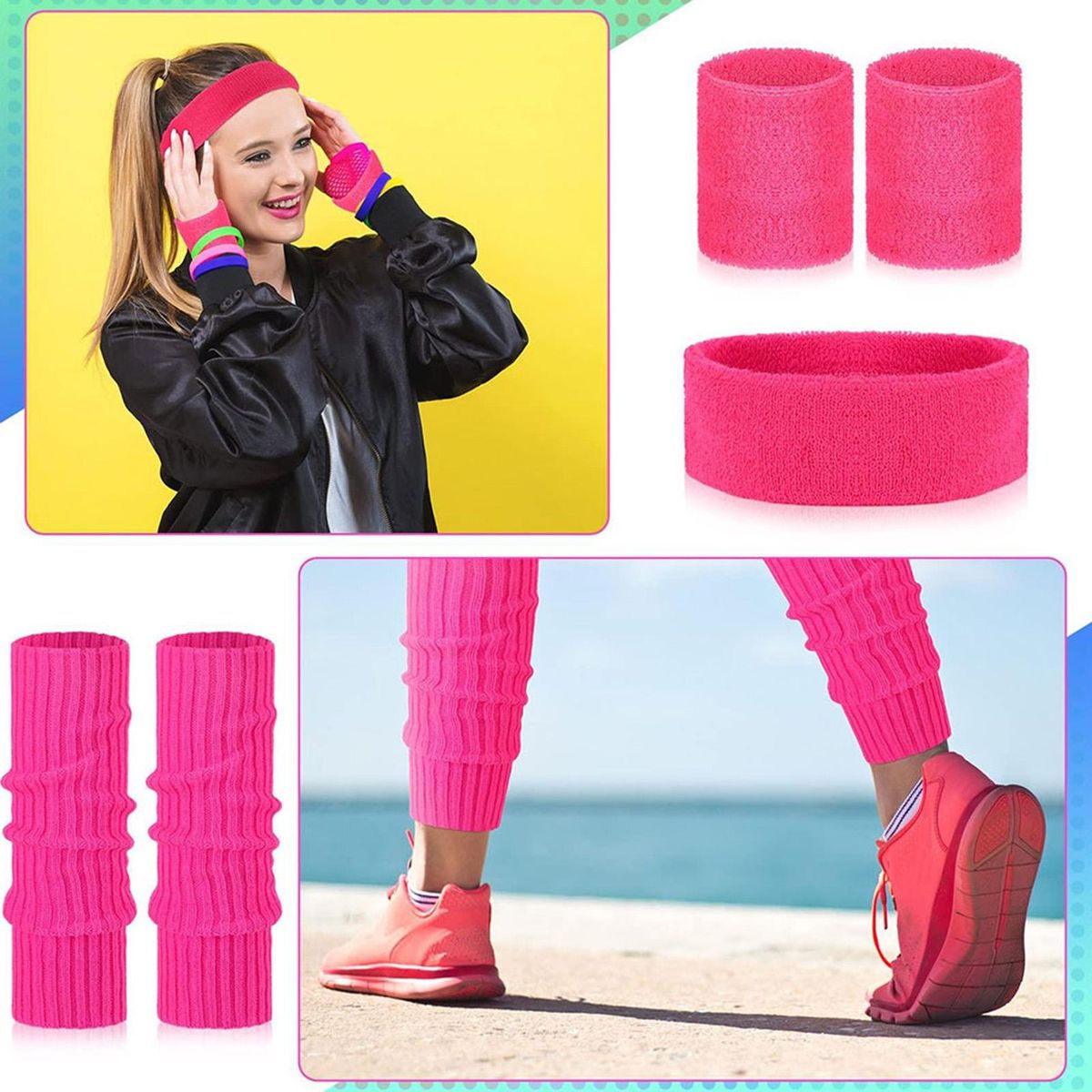 1 Set Exercise Sportswear Sweatband Headband Wristband Waist Bag Set Rose Red