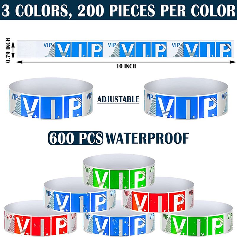 600 Pack VIP Wristbands for Events Waterproof VIP Wristbands VIP Paper Bracelets Wristbands for Party  Red  Blue  Green)