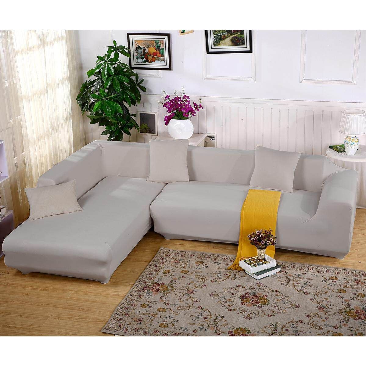 3 Seater L Shape Stretch Elastic Fabric Sofa Cover Pet Dog Sectional /Corner Couch Covers Light Grey 3   3
