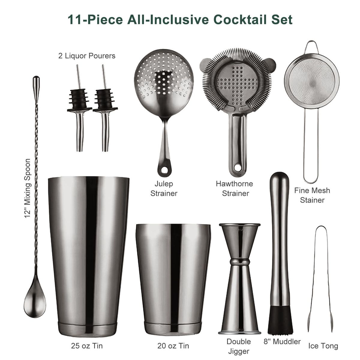 Aoresac 11-Piece All-Inclusive Cocktail Set Stainless Steel Cocktail Shaker Set Boston Shaker Home Bartender Kit