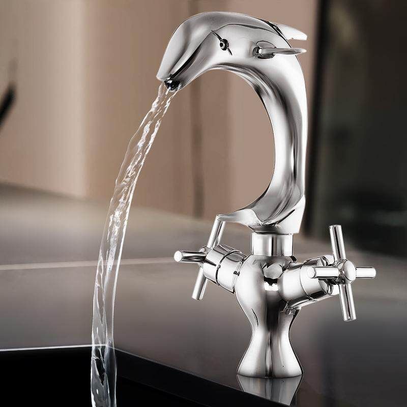 Double Handle Dolphin Shape Chrome Faucet Mixer Taps Kitchen Sink Basin Bathroom