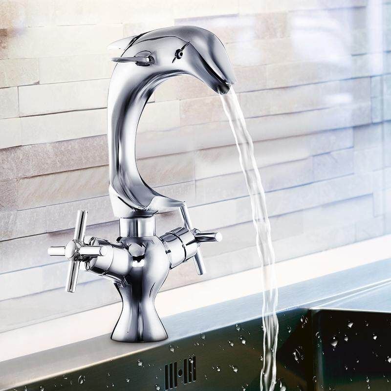 Double Handle Dolphin Shape Chrome Faucet Mixer Taps Kitchen Sink Basin Bathroom