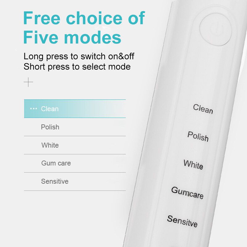 Oral Care Electric Toothbrush 5 Modes Teeth Cleaning Rechargeable 4 Brush Heads 3 Colors White
