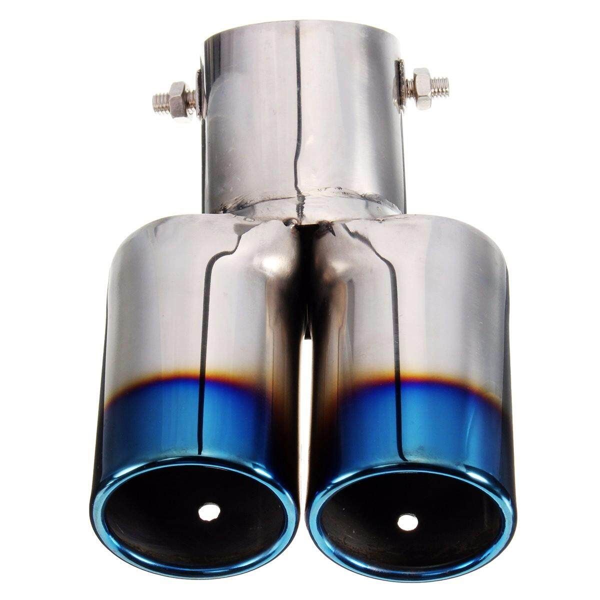 Grilled Blue Curved Tail Muffler Exhaust Pipe Double Twin Tip For KIA Ford Honda