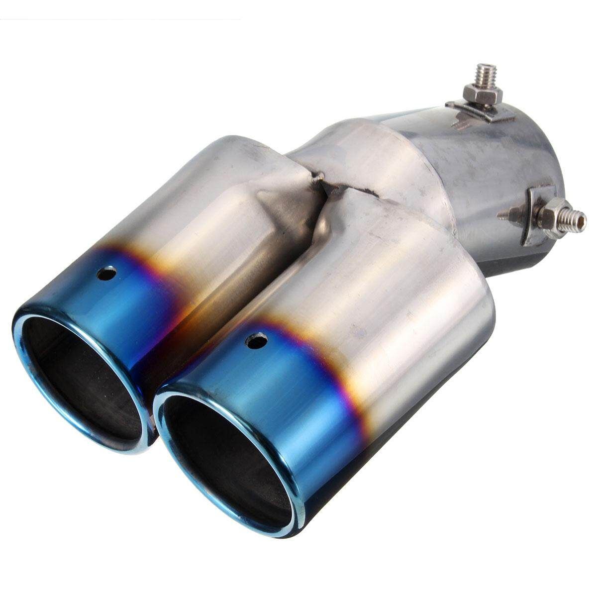 Grilled Blue Curved Tail Muffler Exhaust Pipe Double Twin Tip For KIA Ford Honda