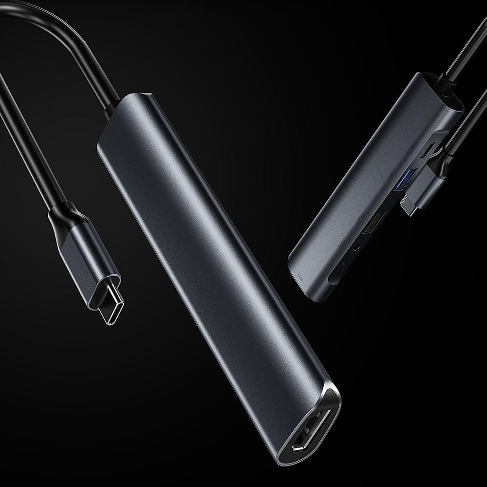 Five in One Docking Station USB C HUB HDMI-Compatible with 4K 30Hz+PD 60W+USB 3.0+USB 2.0+Audio Wire Control/Microphone