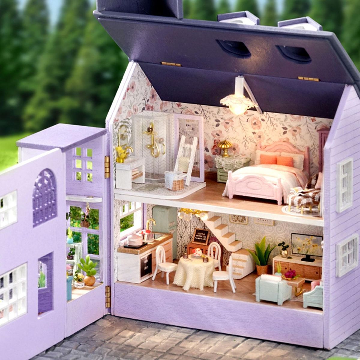 1 Set House Building Toy Wooden DIY Miniature House Children Toy Purple