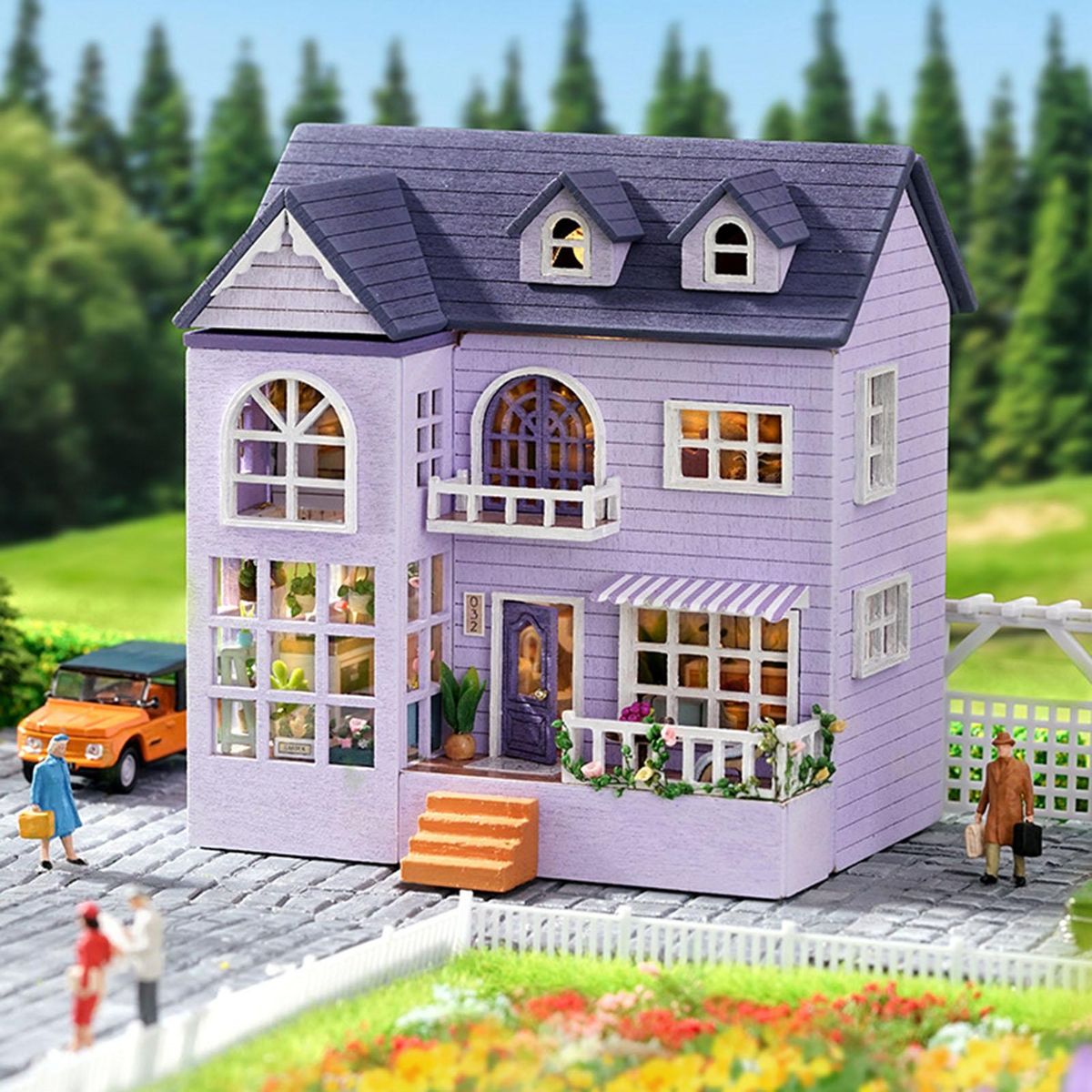 1 Set House Building Toy Wooden DIY Miniature House Children Toy Purple