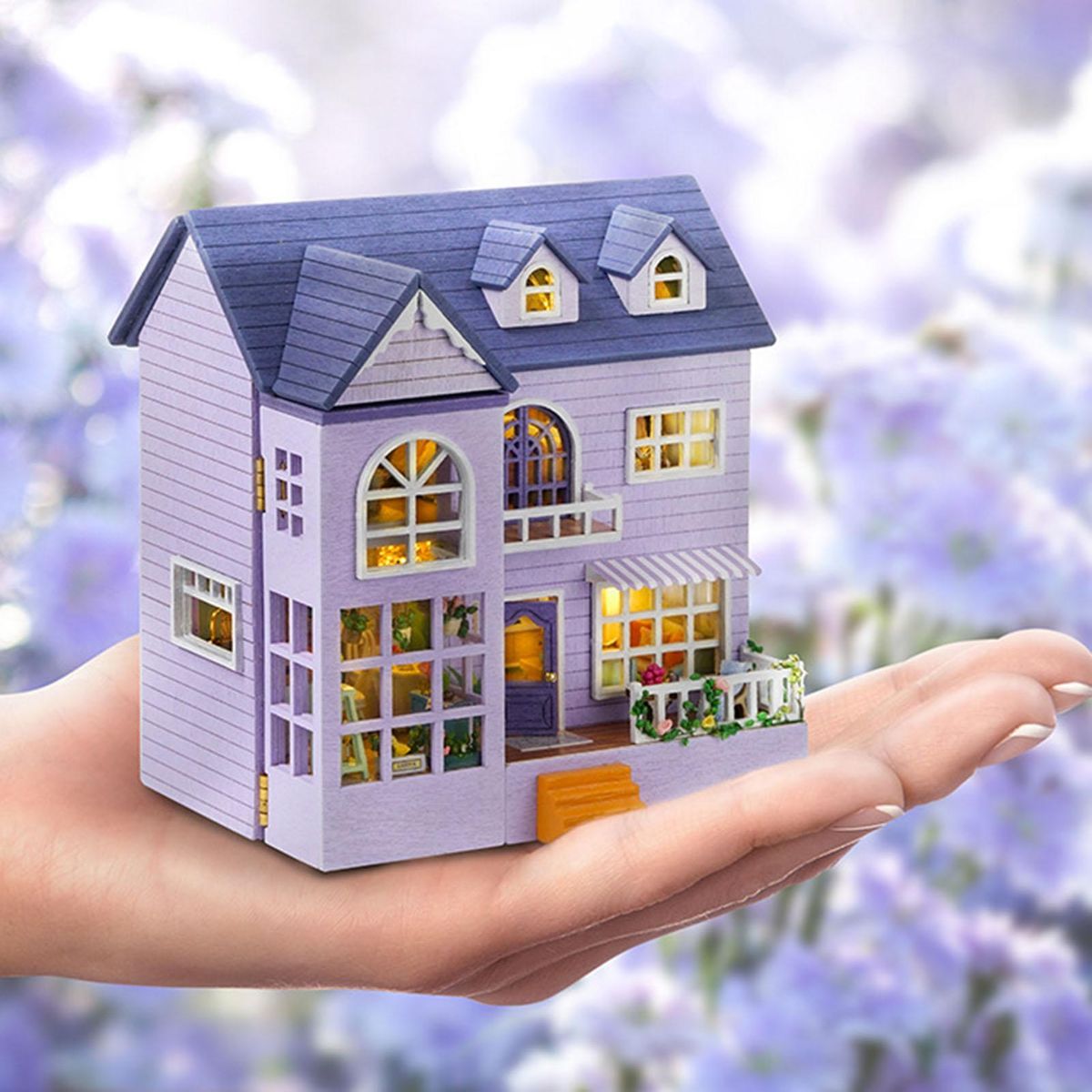 1 Set House Building Toy Wooden DIY Miniature House Children Toy Purple
