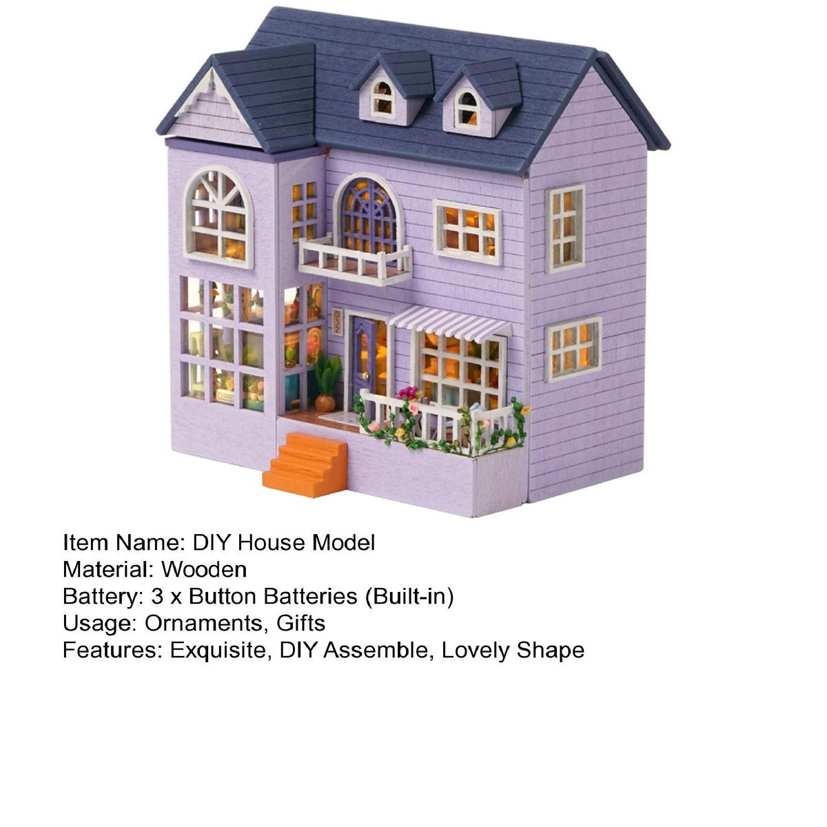 1 Set House Building Toy Wooden DIY Miniature House Children Toy Purple