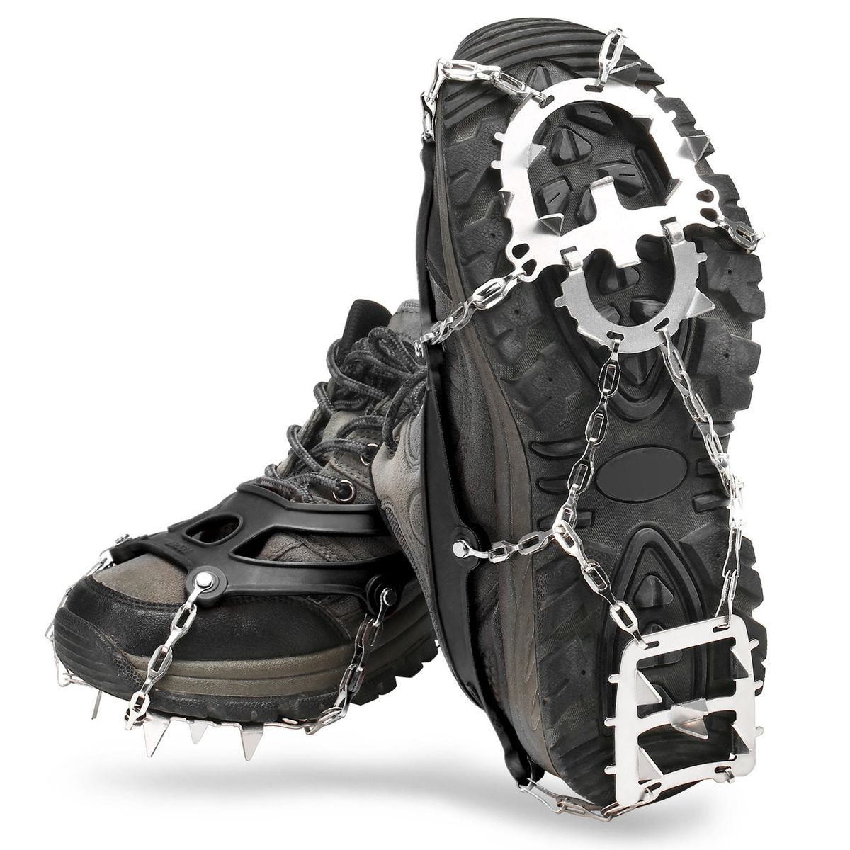 18 Spikes Traction Cleats Women Men Anti-slip Ice Snow Grips with Storage Pouch for Walking Hiking Fishing Mountaineering