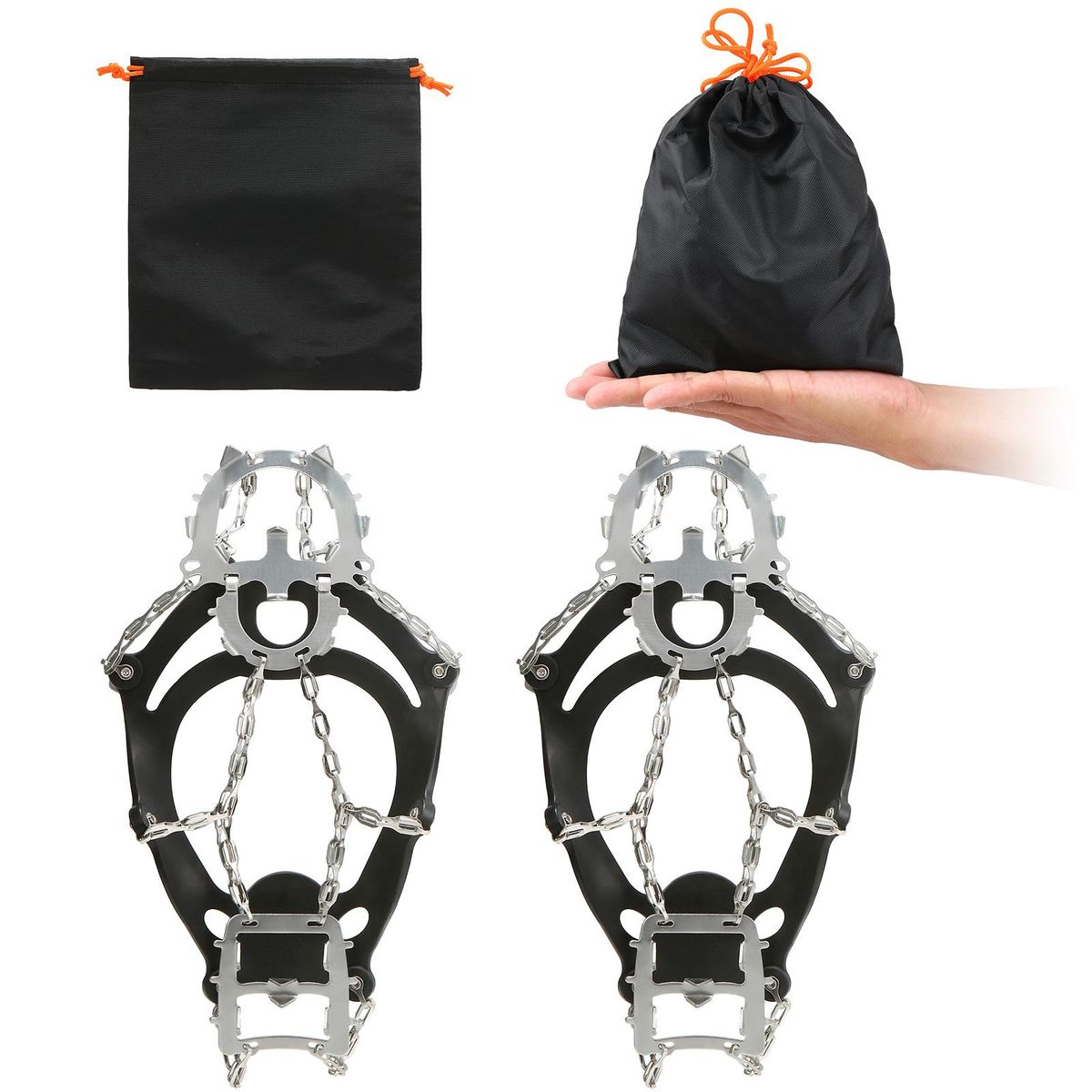 18 Spikes Traction Cleats Women Men Anti-slip Ice Snow Grips with Storage Pouch for Walking Hiking Fishing Mountaineering