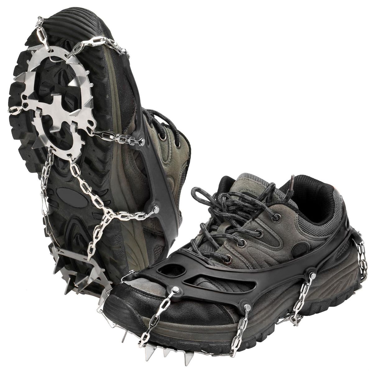 18 Spikes Traction Cleats Women Men Anti-slip Ice Snow Grips with Storage Pouch for Walking Hiking Fishing Mountaineering