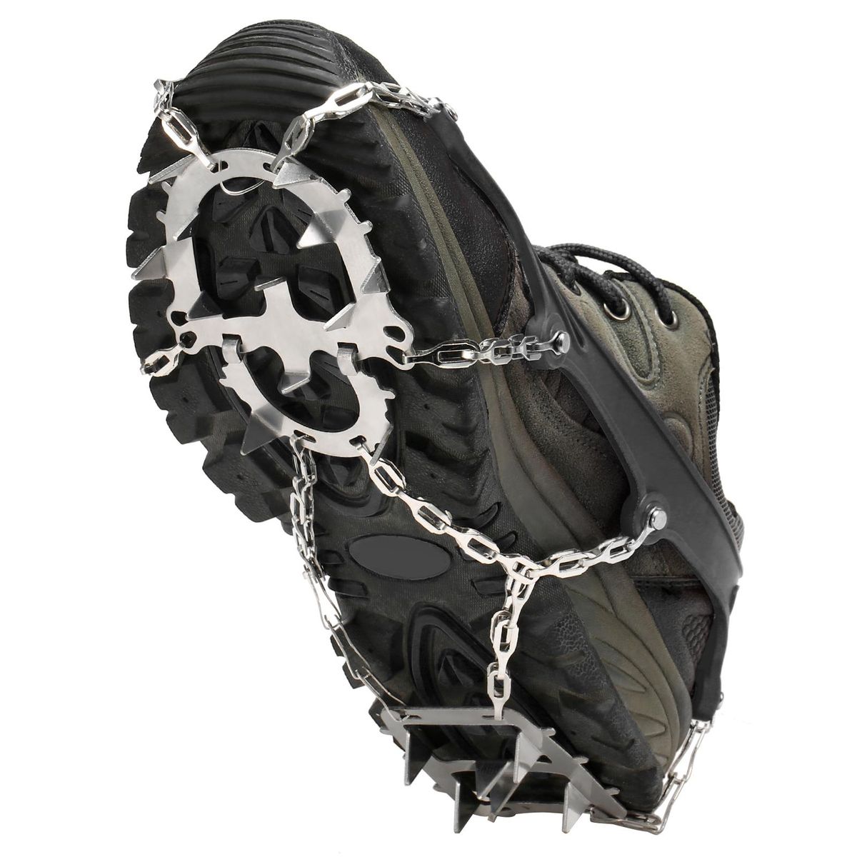 18 Spikes Traction Cleats Women Men Anti-slip Ice Snow Grips with Storage Pouch for Walking Hiking Fishing Mountaineering