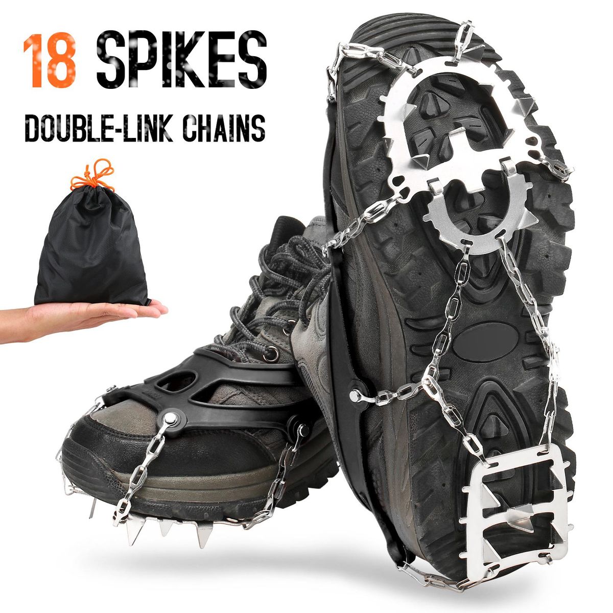 18 Spikes Traction Cleats Women Men Anti-slip Ice Snow Grips with Storage Pouch for Walking Hiking Fishing Mountaineering